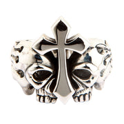 Flame Cross Skull Sterling Silver Ring
