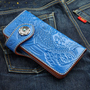 blue genuine leather Japanese koi carp biker wallet